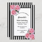 90e verjaardag roze floralen zwarte witte strepen kaart (Voorkant / Achterkant)