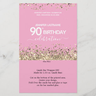 90e Verjaardag Roze Glitter Snoep Bar Wrapper