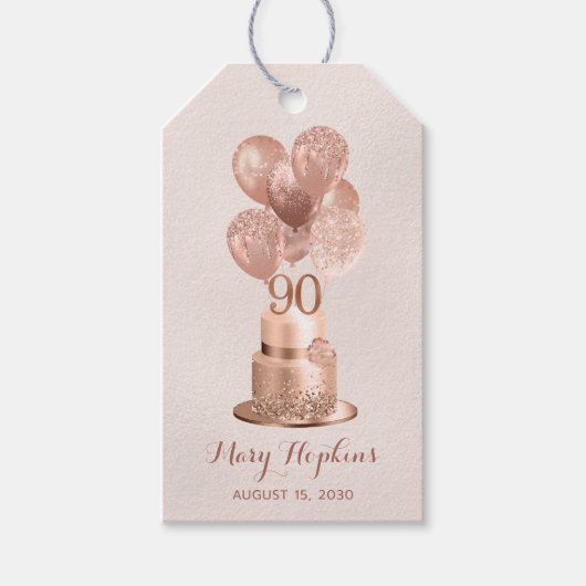 90e verjaardag Roze Goud Kleurige Cake Cadeaulabel (Voorkant)