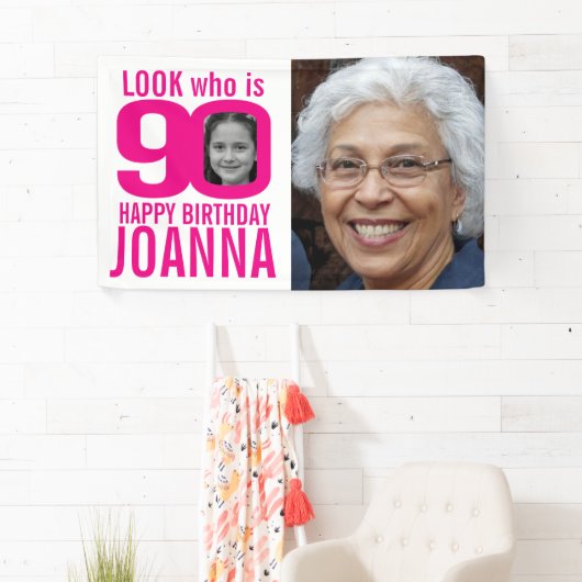 90e verjaardag roze kijk nu 90 douanefoto dan spandoek (Insitu)