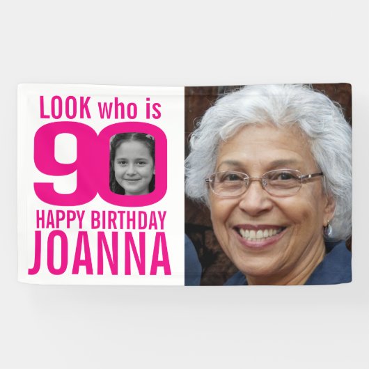 90e verjaardag roze kijk nu 90 douanefoto dan spandoek (Horizontaal)