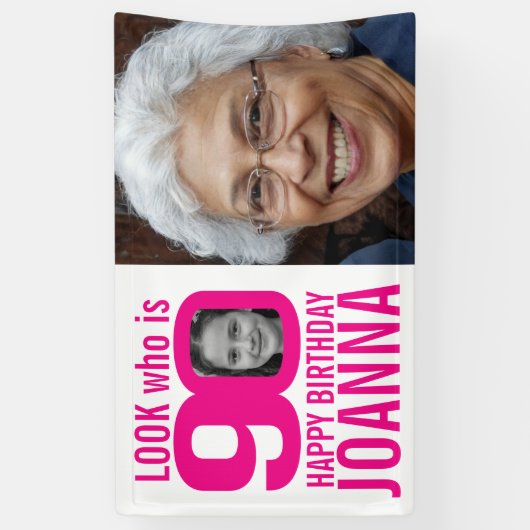 90e verjaardag roze kijk nu 90 douanefoto dan spandoek (Verticaal)
