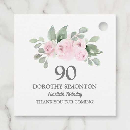 90e verjaardag Roze Rose Eucalyptus Bedankjes Labels (Achterkant)