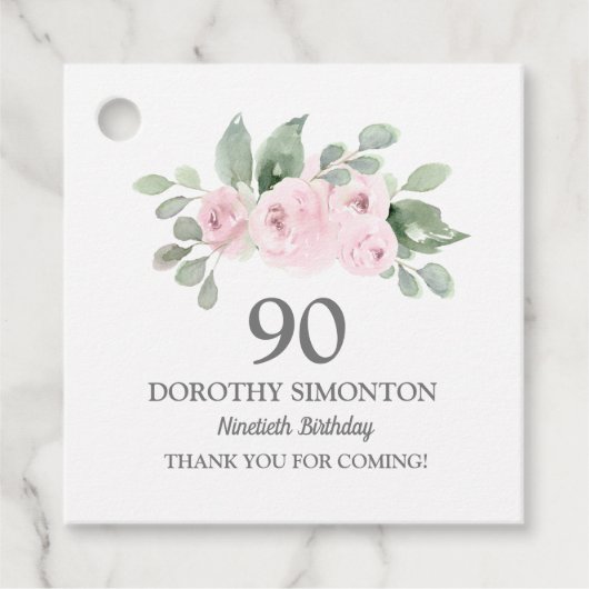 90e verjaardag Roze Rose Eucalyptus Bedankjes Labels (Voorkant)