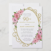 90e verjaardag Roze Rose Floral Gold Invitation Kaart (Voorkant)