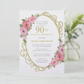 90e verjaardag Roze Rose Floral Gold Invitation Kaart (Staand voorkant)