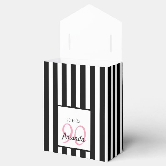 90e verjaardag roze rozen op zwarte witte strepen bedankdoosjes (Geopend)