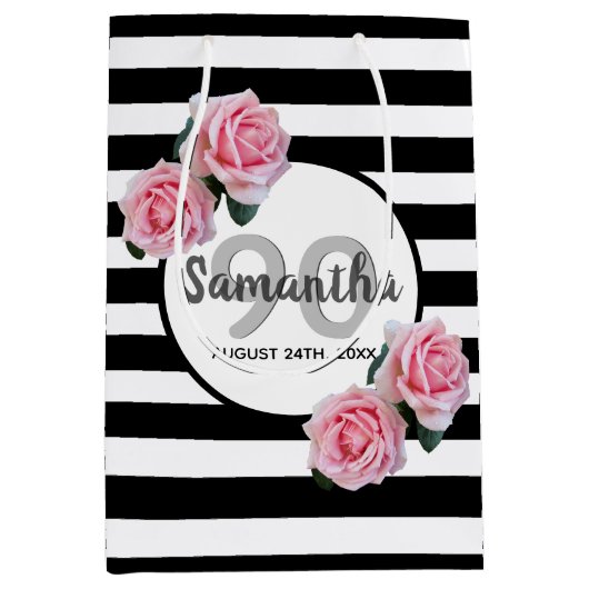 90e verjaardag roze rozen zwarte witte strepen medium cadeauzakje (Voorkant)