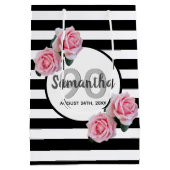 90e verjaardag roze rozen zwarte witte strepen medium cadeauzakje (Achterkant)