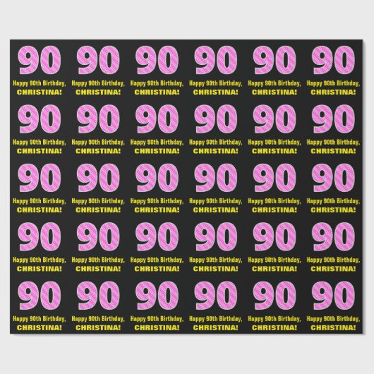 90e verjaardag: Roze strepen en hart "90" + naam Cadeaupapier (Vlak)