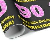 90e verjaardag: Roze strepen en hart "90" + naam Cadeaupapier (Rol Hoek)