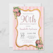 90e verjaardag Roze Stripe Floral Gold Glitter Chi Kaart (Voorkant)