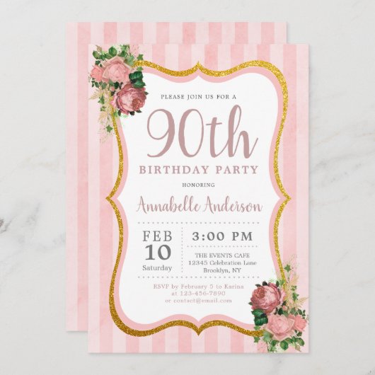 90e verjaardag Roze Stripe Floral Gold Glitter Chi Kaart (Voorkant / Achterkant)