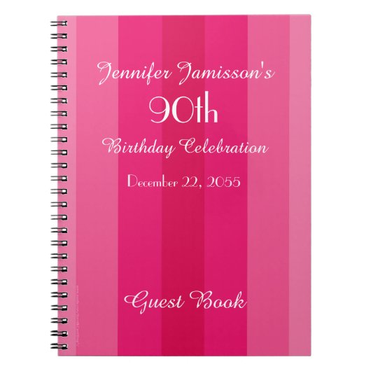 90e verjaardag Roze Stripe Guest Book Spiral Notitieboek (Voorkant)
