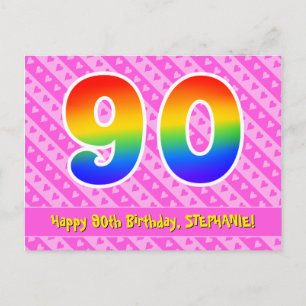 90e verjaardag: Roze strips & harten, Regenboog 90 Briefkaart