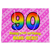90e verjaardag: roze strips & harten, regenboognr. groot cadeauzakje (Voorkant)