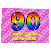 90e verjaardag: roze strips & harten, regenboognr. groot cadeauzakje (Achterkant)