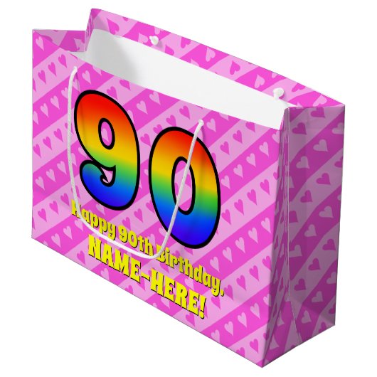 90e verjaardag: roze strips & harten, regenboognr. groot cadeauzakje (Voorkant Gekanteld)