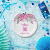 90e verjaardag roze waterverf florale papieren bordje (Feest)