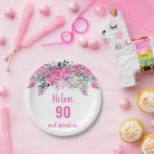90e verjaardag roze waterverf florale papieren bordje (Feest)