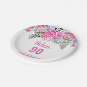90e verjaardag roze waterverf florale papieren bordje (Gekanteld)