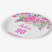 90e verjaardag roze waterverf florale papieren bordje (Gekanteld)