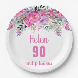90e verjaardag roze waterverf florale papieren bordje