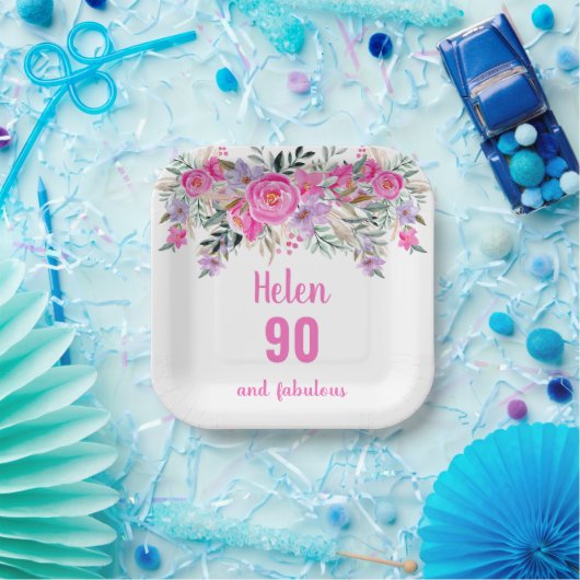 90e verjaardag roze waterverf florale papieren bordje (Feest)