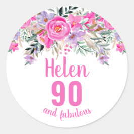 90e verjaardag roze waterverf florale ronde sticker
