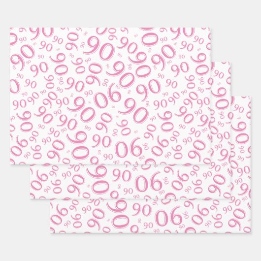 90e verjaardag Roze & Wit Random Number Pattern Inpakpapier Vel (Set)