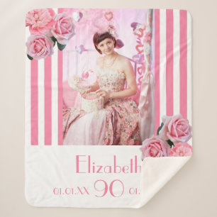 90e verjaardag roze witte strepen bloemenfoto sherpa deken