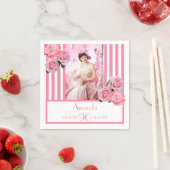 90e verjaardag roze witte strepen bloemfoto servet (Insitu)