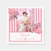 90e verjaardag roze witte strepen bloemfoto servet (Voorkant)