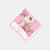 90e verjaardag roze witte strepen bloemfoto servet (Hoek)