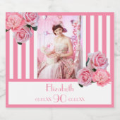 90e verjaardag roze witte strepen bloemfoto sparkling wijnetiket (Enkel label)