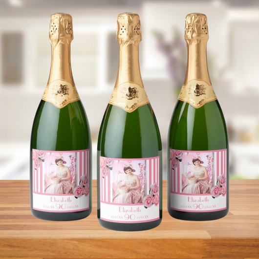 90e verjaardag roze witte strepen bloemfoto sparkling wijnetiket