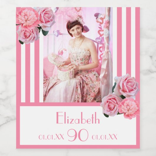 90e verjaardag roze witte strepen bloemfoto wijn etiket (Enkel label)