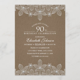 90e verjaardag Rustic Burlap Pearls and Lace Kaart