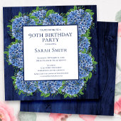 90e verjaardag Rustic Wood Blue Hydrangeas Party Kaart