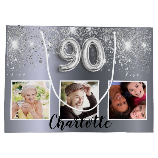 90e verjaardag Silver Glitter stoffotomonogram Groot Cadeauzakje (Achterkant)