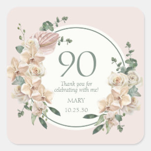 90e Verjaardag Tropische Bloemen Bedankt Vierkante Sticker