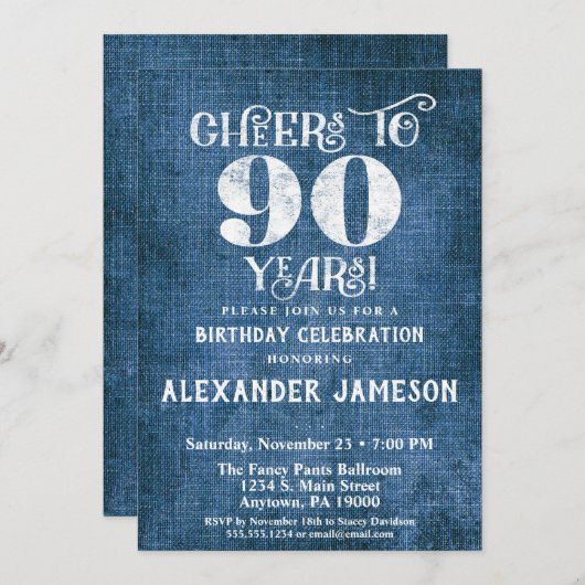 90e verjaardag Uitnodiging Blauwe linen Rustic Che (Voorkant / Achterkant)