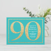 90e verjaardag Uitnodiging Blauwgroen en Gold Glit (Staand voorkant)