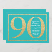 90e verjaardag Uitnodiging Blauwgroen en Gold Glit (Voorkant / Achterkant)