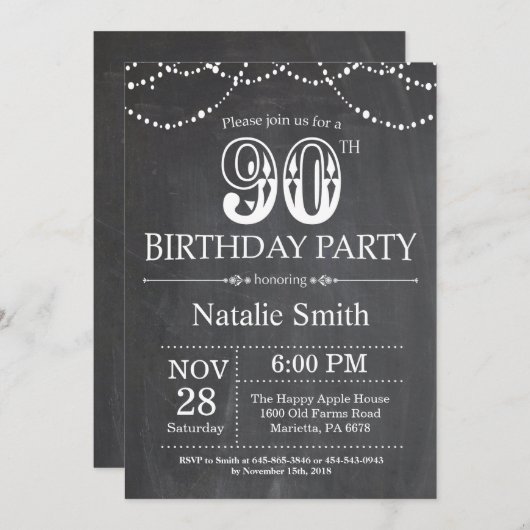 90e verjaardag Uitnodiging Chalkboard String Light (Voorkant / Achterkant)