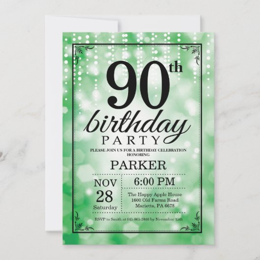 90e verjaardag uitnodiging Green Glitter (Voorkant)