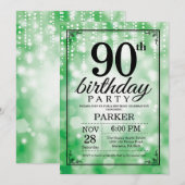 90e verjaardag uitnodiging Green Glitter (Voorkant / Achterkant)