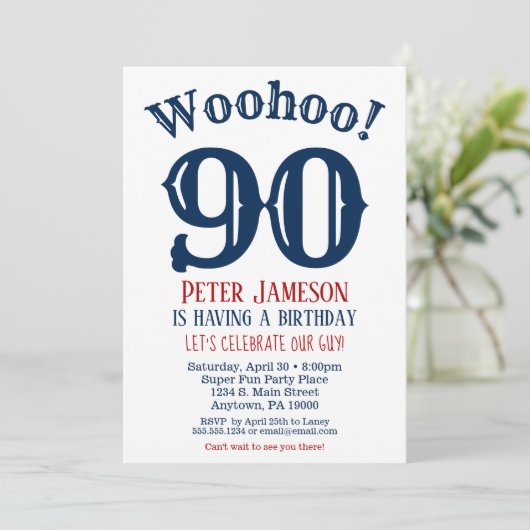 90e verjaardag Uitnodiging Mannen marineblauw (Staand voorkant)