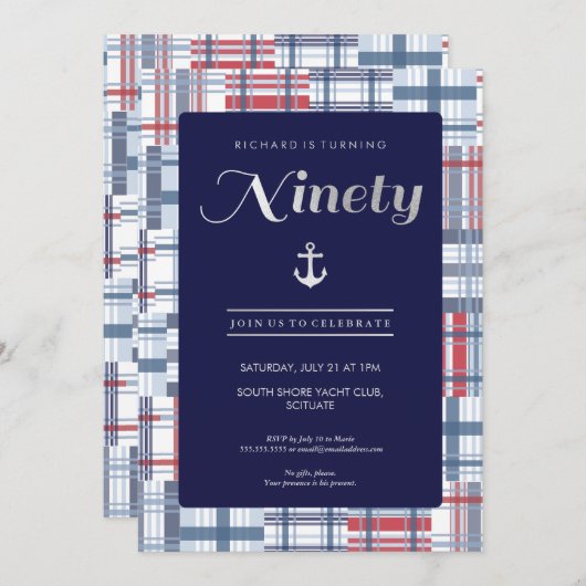 90e verjaardag uitnodiging - Negentig, nautische z (Voorkant / Achterkant)