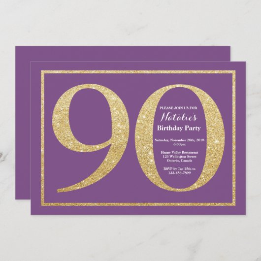 90e verjaardag Uitnodiging Paars en Glitter (Voorkant / Achterkant)